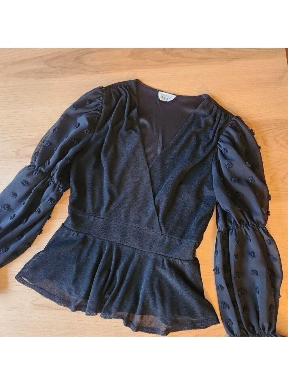 EMBER BLACK PEPLUM BLOUSE WITH GORGEOUS SHEET SWISS DOT SLEEVES - SMALL